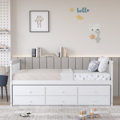 Wood Twin Captain’s Bed with Trundle and Three Storage Drawers for Kids or Guest Room White