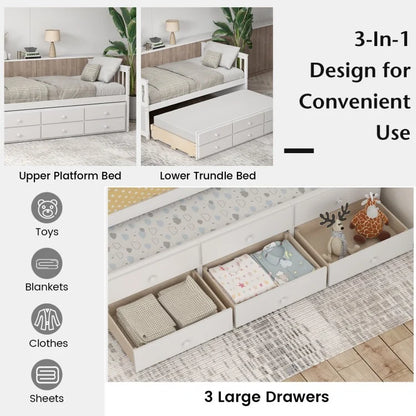 Wood Twin Captain’s Bed with Trundle and Three Storage Drawers for Kids or Guest Room White