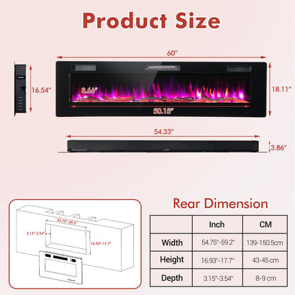 60 Inch Ultra Slim Electric Fireplace with Remote and Adjustable Timer