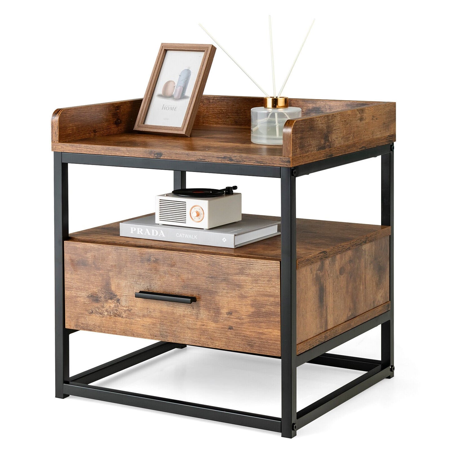 3-Tier Wooden Nightstand with Storage Drawer and Raised Edge Top