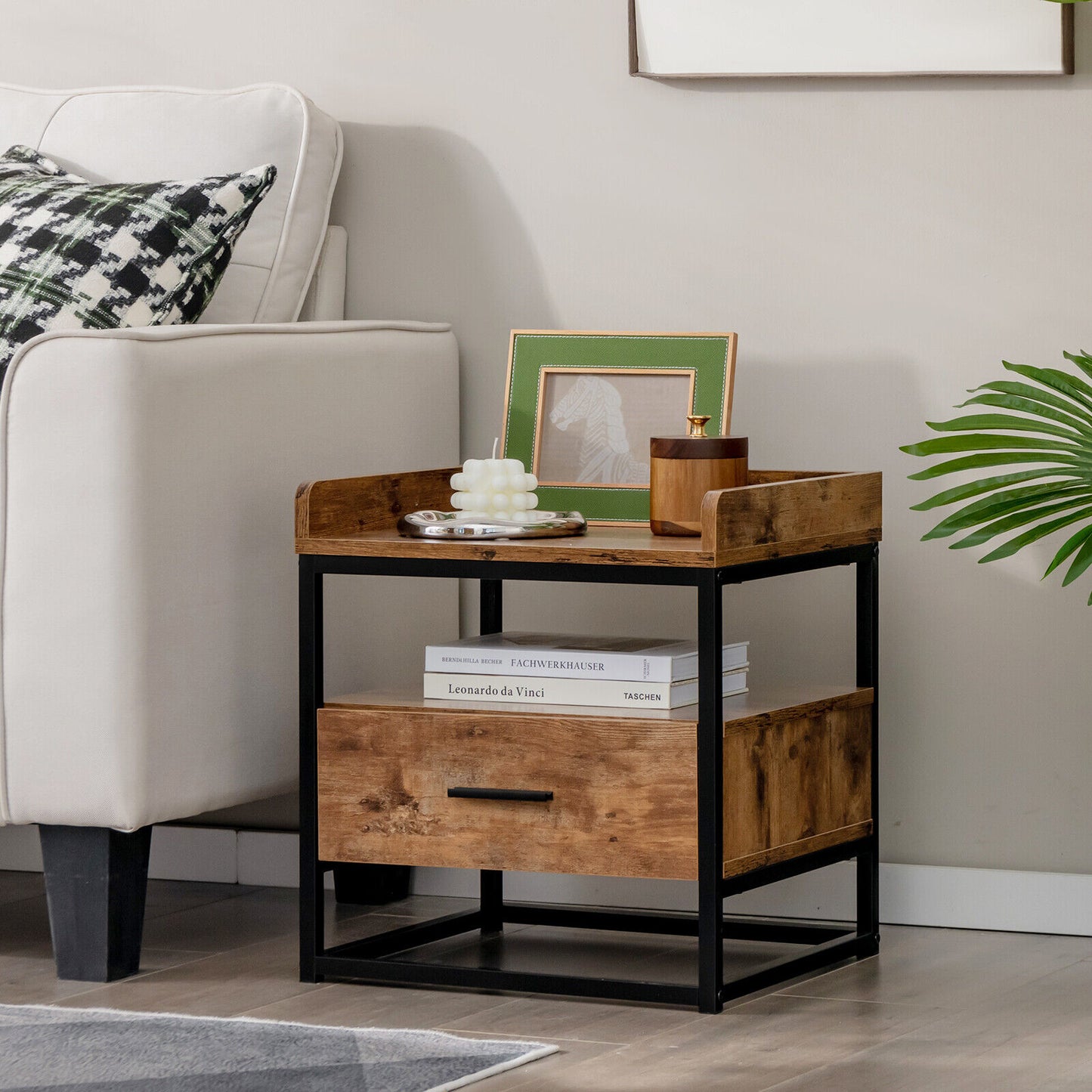 3-Tier Wooden Nightstand with Storage Drawer and Raised Edge Top