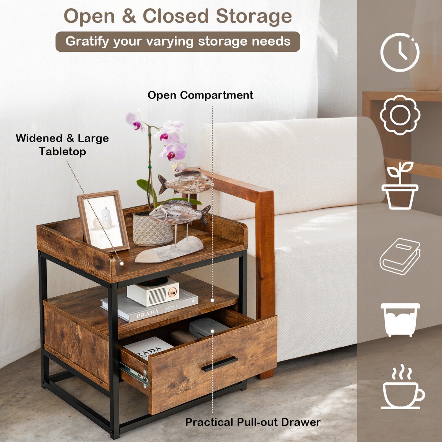 3-Tier Wooden Nightstand with Storage Drawer and Raised Edge Top