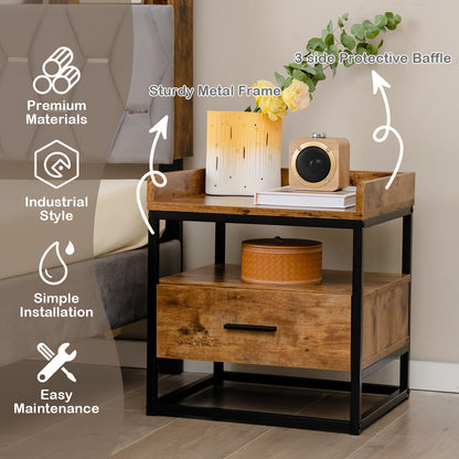 3-Tier Wooden Nightstand with Storage Drawer and Raised Edge Top