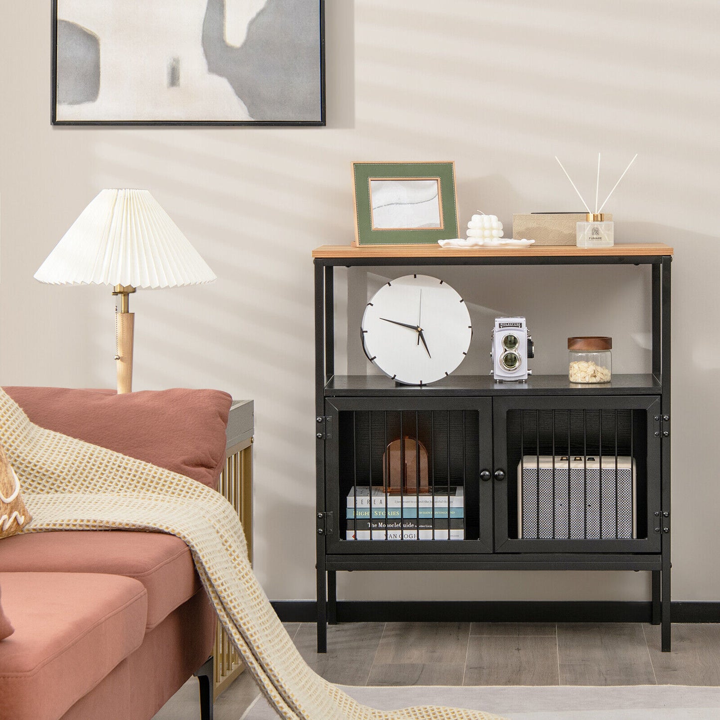 Modern Kitchen Buffet Storage Cabinet with Dual Doors and Open Display Shelf