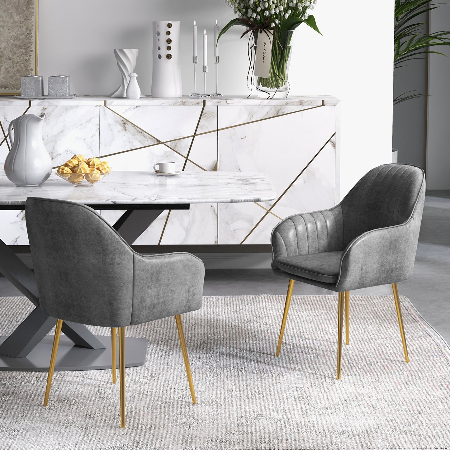 Set of 2 Modern Accent Chairs with Removable Cushions and Gold Metal Legs, Grey