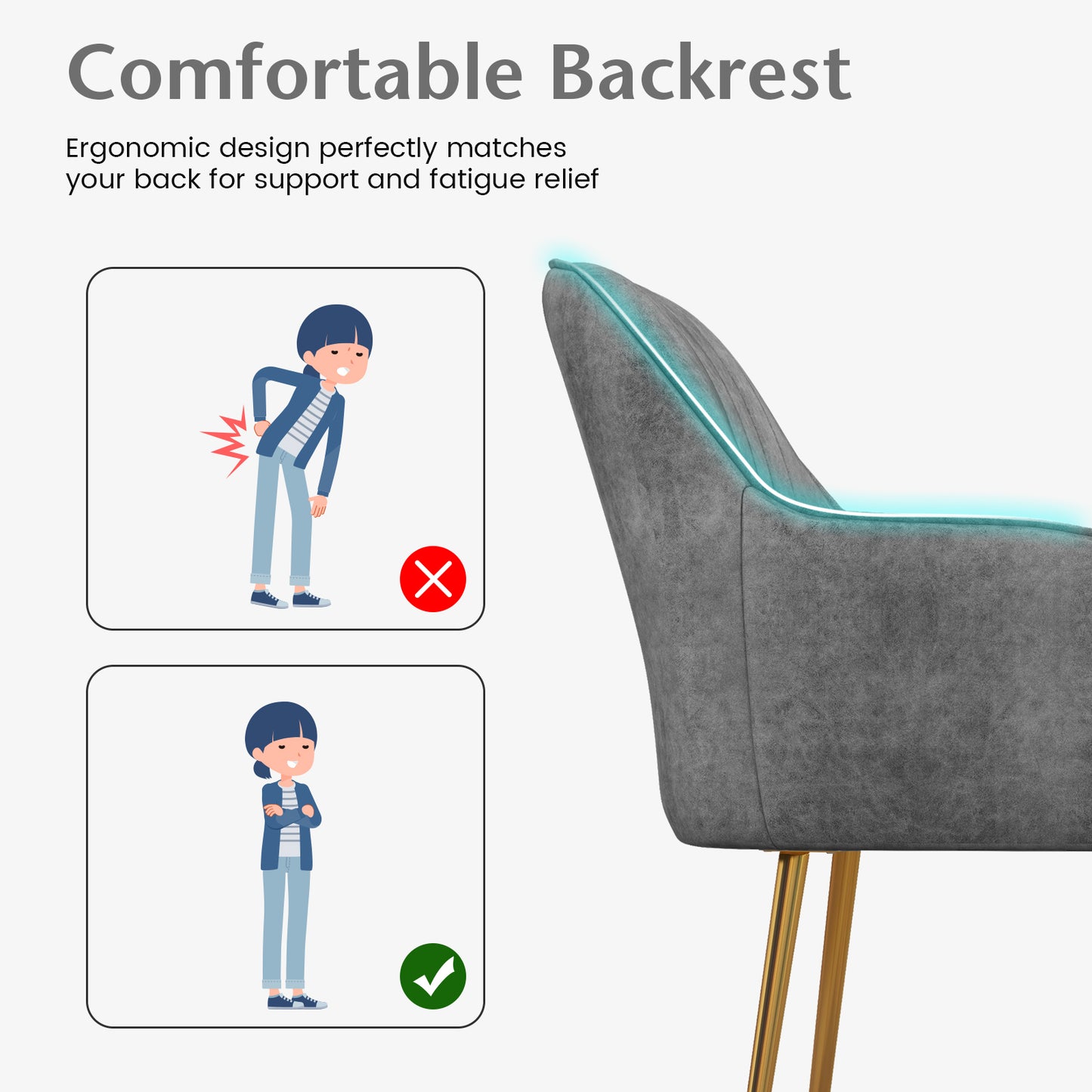 Set of 2 Modern Accent Chairs with Removable Cushions and Gold Metal Legs, Grey