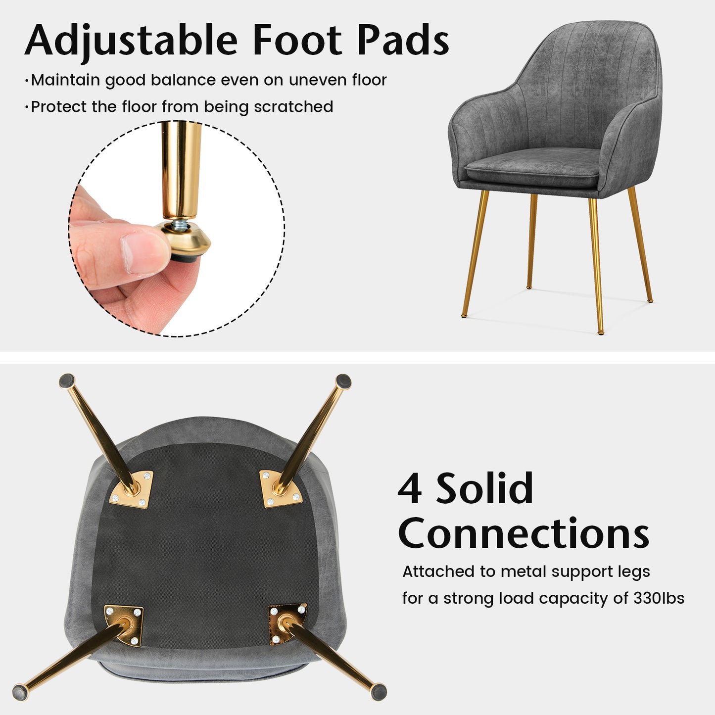 Set of 2 Modern Accent Chairs with Removable Cushions and Gold Metal Legs, Grey