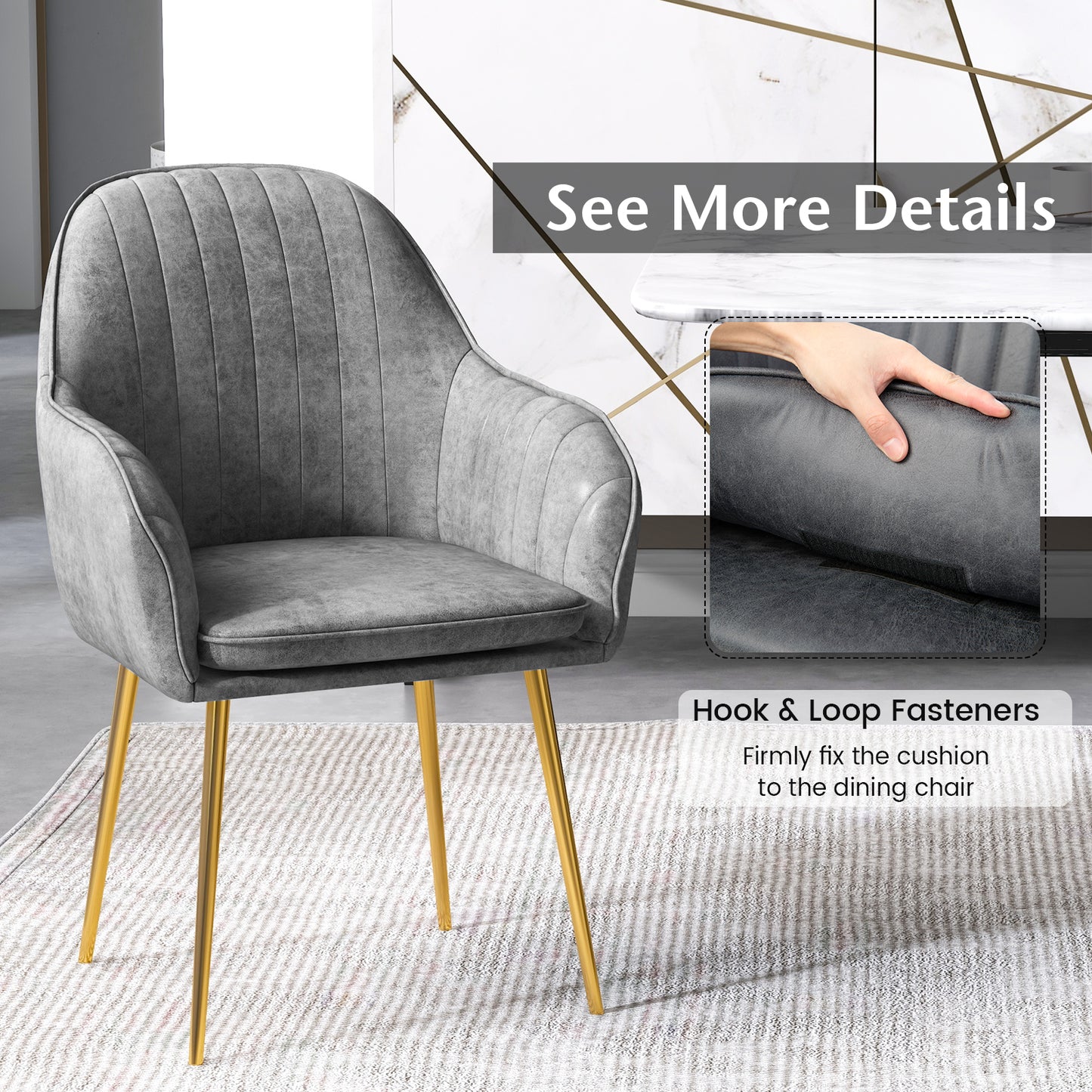 Set of 2 Modern Accent Chairs with Removable Cushions and Gold Metal Legs, Grey