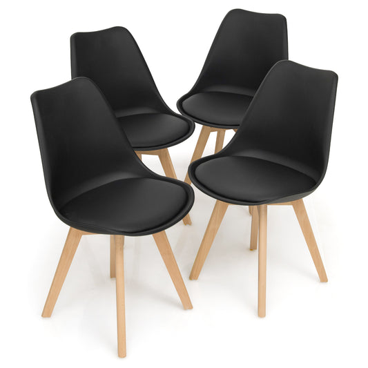 Set of 4 Modern Dining Chairs with PU Leather Seats and Wooden Legs – Mid-Century Black