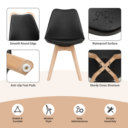 Set of 4 Modern Dining Chairs with PU Leather Seats and Wooden Legs – Mid-Century Black