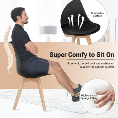 Set of 4 Modern Dining Chairs with PU Leather Seats and Wooden Legs – Mid-Century Black