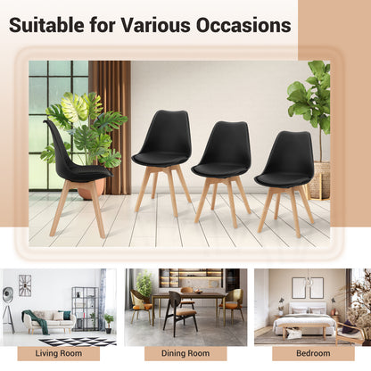 Set of 4 Modern Dining Chairs with PU Leather Seats and Wooden Legs – Mid-Century Black
