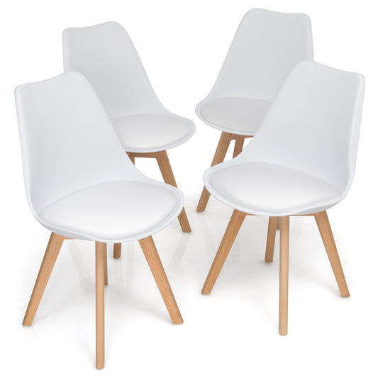 Set of 4 Modern Dining Chairs with PU Leather Seats and Wooden Legs – Mid-Century White