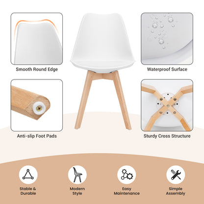 Set of 4 Modern Dining Chairs with PU Leather Seats and Wooden Legs – Mid-Century White