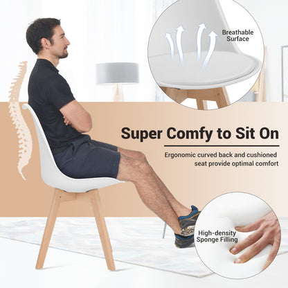 Set of 4 Modern Dining Chairs with PU Leather Seats and Wooden Legs – Mid-Century White