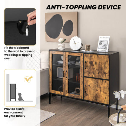 48 Inch Industrial Buffet Sideboard with Metal Mesh Doors and Safety Anti-Tip Wall Anchor