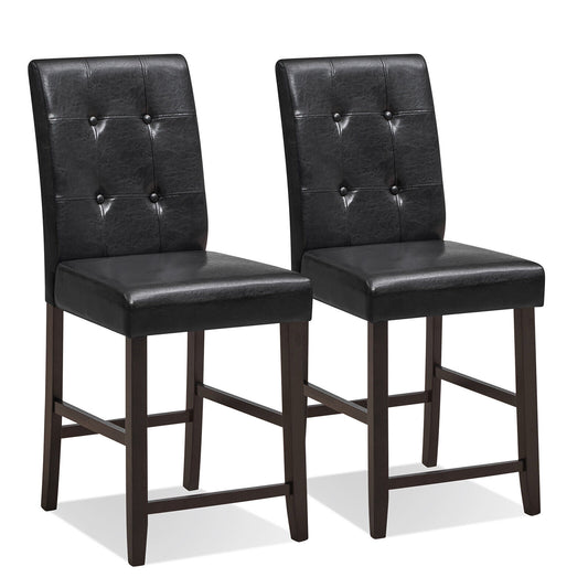 Set of 2 PU Leather Bar Chairs with Padded Seat, Button Tufted Back and Sturdy Rubber Wood Legs