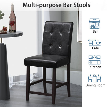Set of 2 PU Leather Bar Chairs with Padded Seat, Button Tufted Back and Sturdy Rubber Wood Legs