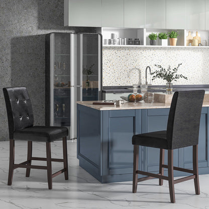 Set of 2 PU Leather Bar Chairs with Padded Seat, Button Tufted Back and Sturdy Rubber Wood Legs