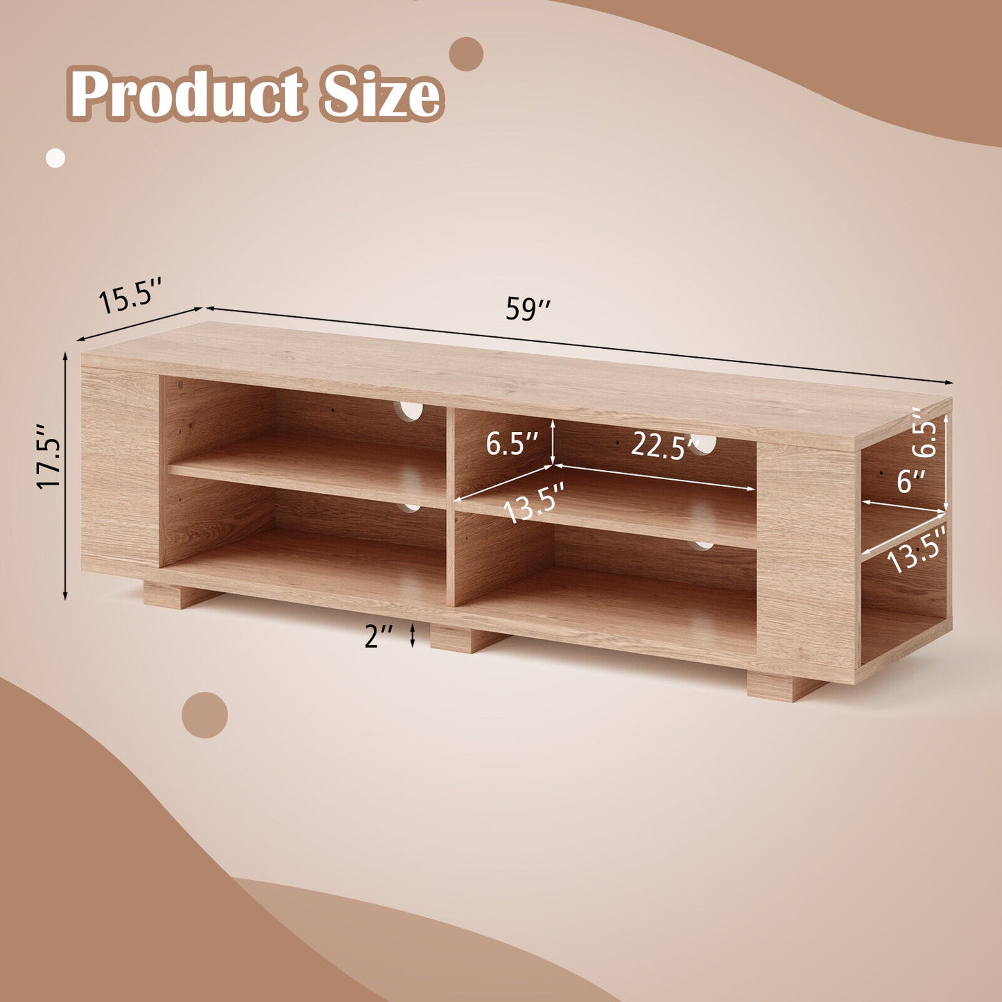 Modern 59 Inch Media Console with Adjustable Open Shelves for TVs up to 65 Inches in Natural
