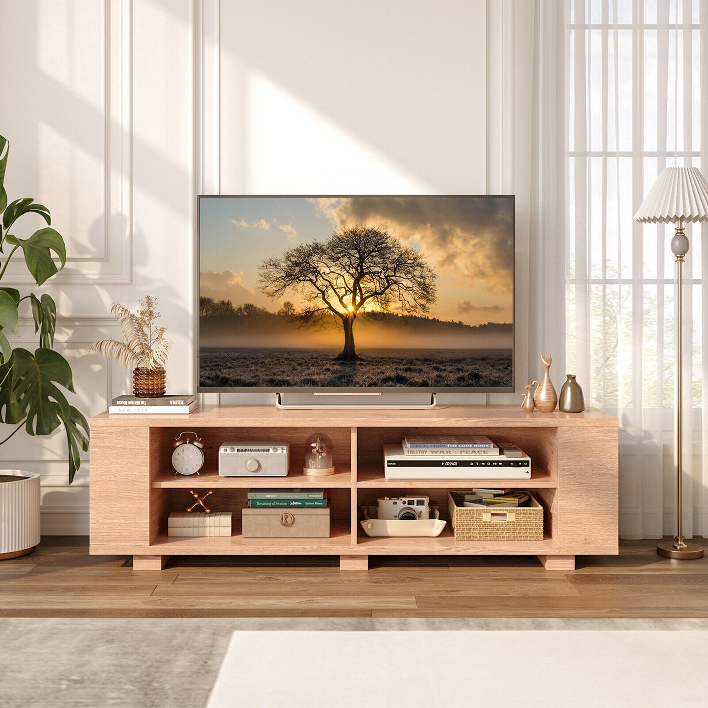 Modern 59 Inch Media Console with Adjustable Open Shelves for TVs up to 65 Inches in Natural