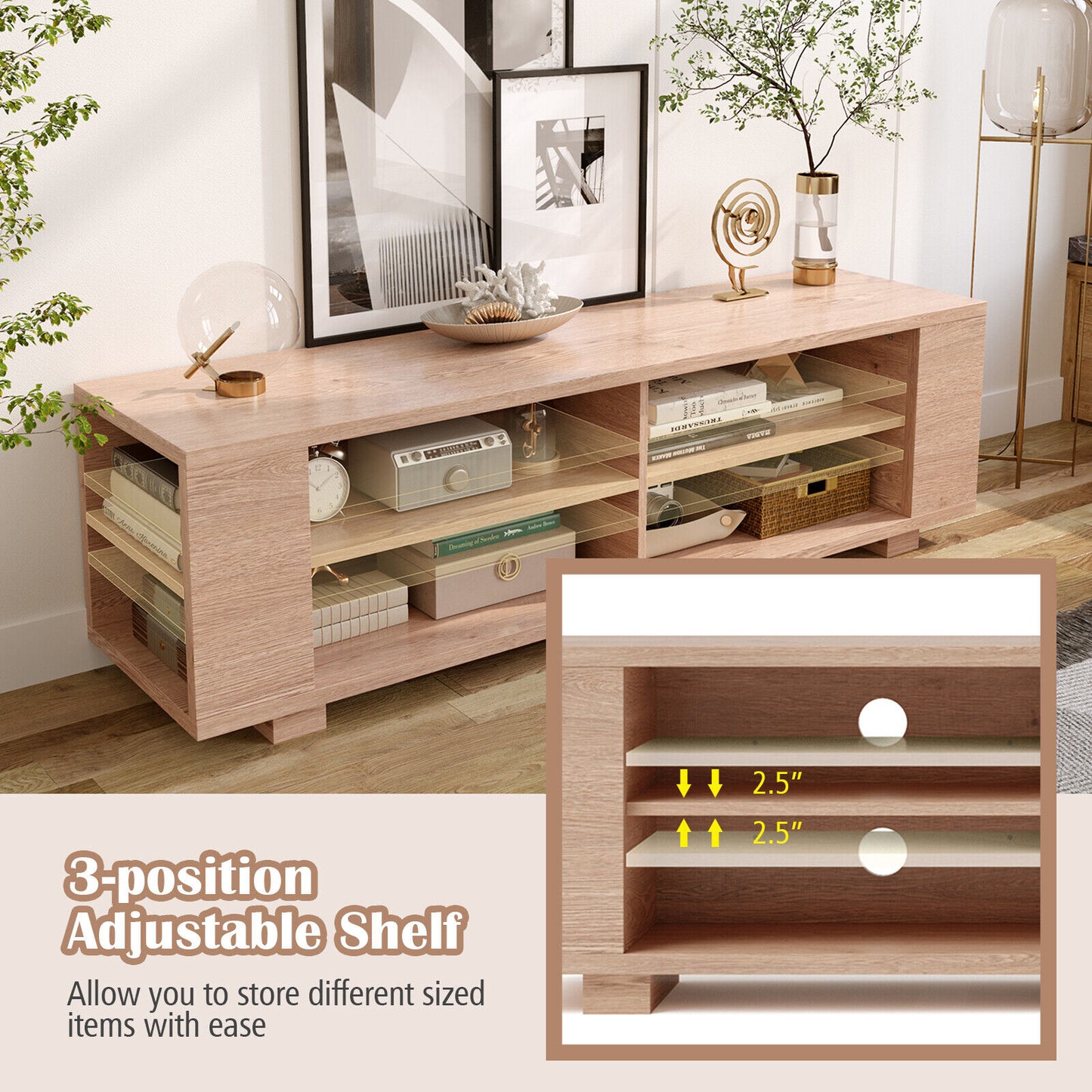 Modern 59 Inch Media Console with Adjustable Open Shelves for TVs up to 65 Inches in Natural