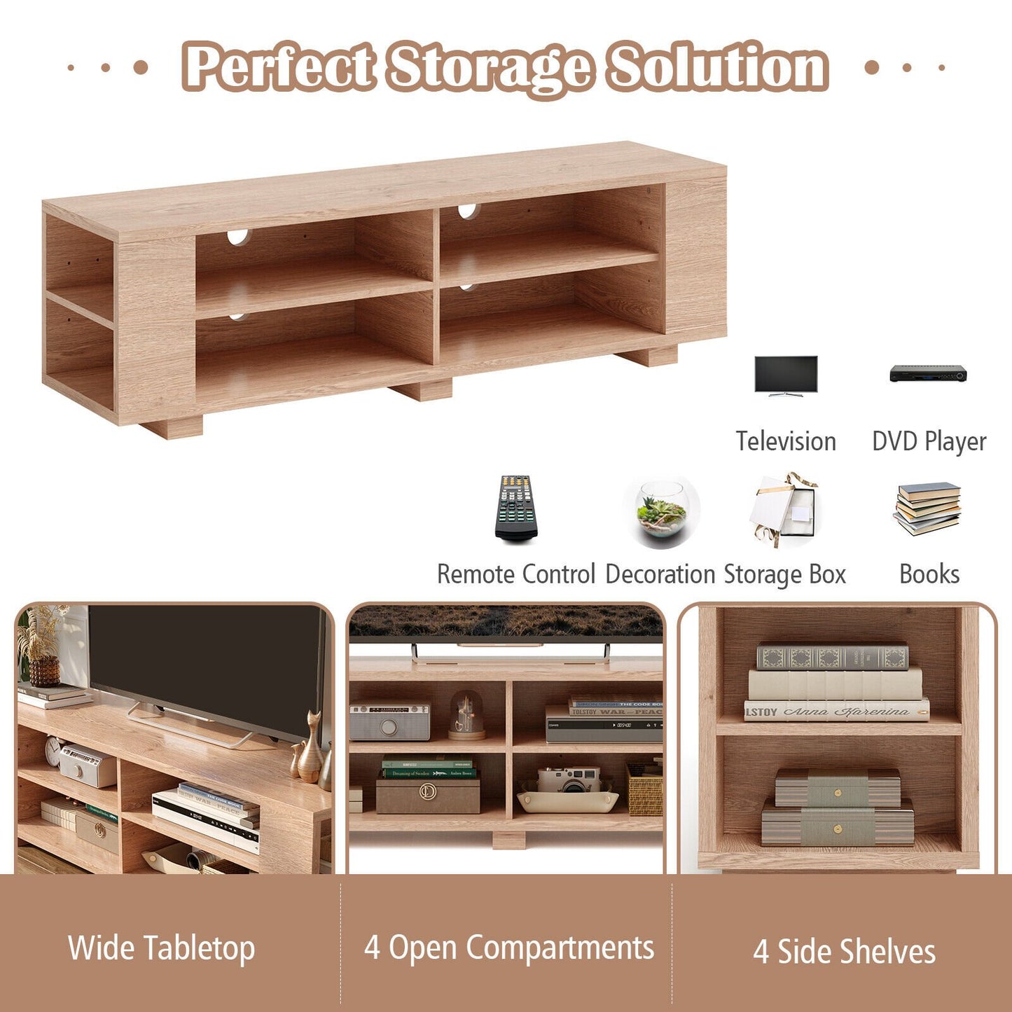 Modern 59 Inch Media Console with Adjustable Open Shelves for TVs up to 65 Inches in Natural