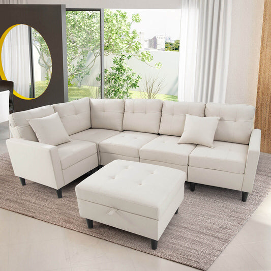 Modular L-Shaped Sectional Sofa Set with Storage Ottoman in Beige