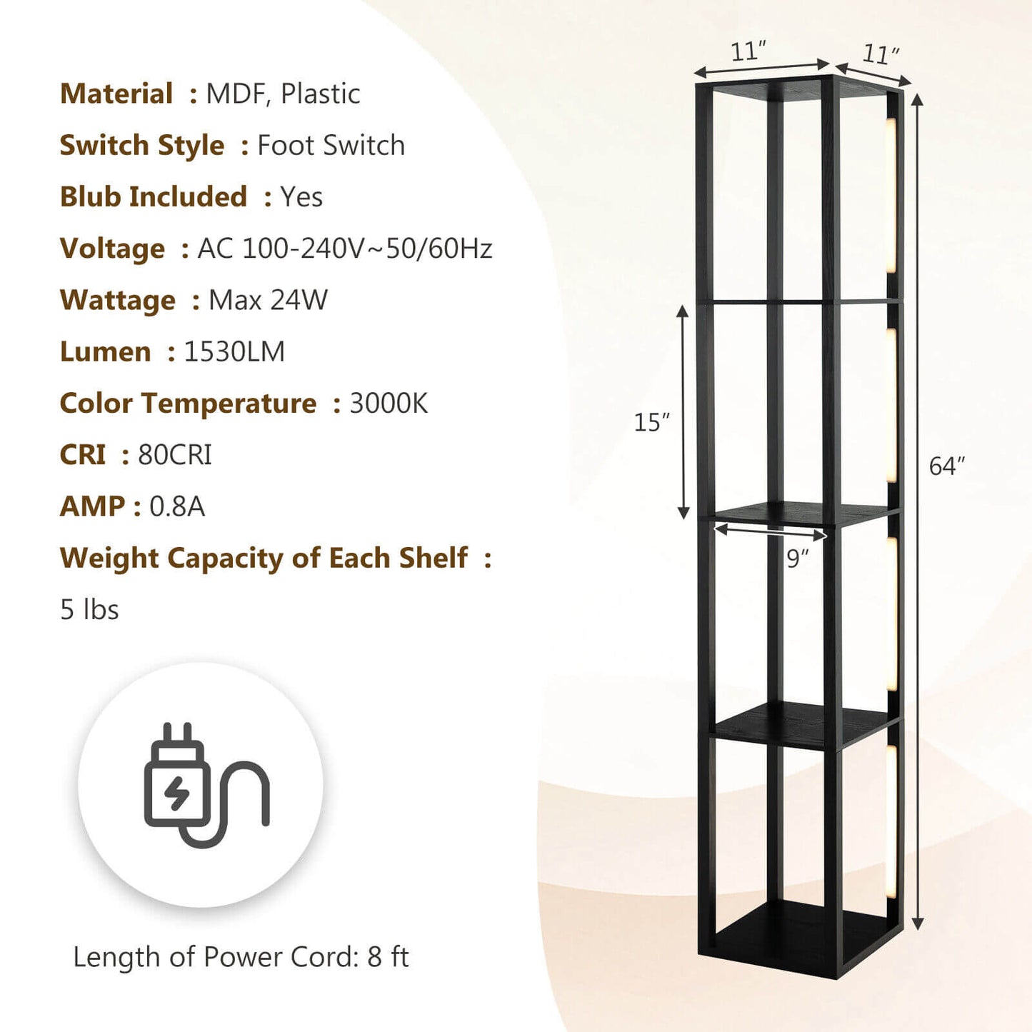 64 Inch Dimmable LED Floor Lamp with 360° Rotatable Poles and 4 Storage Shelves - Black