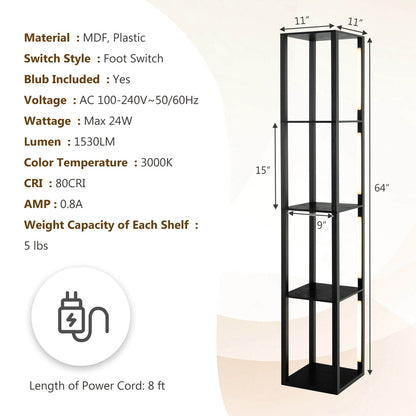 64 Inch Dimmable LED Floor Lamp with 360° Rotatable Poles and 4 Storage Shelves - Black