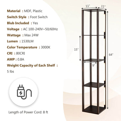 64 Inch Dimmable LED Floor Lamp with 360° Rotatable Poles and 4 Storage Shelves - Walnut