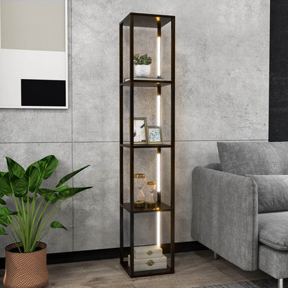 64 Inch Dimmable LED Floor Lamp with 360° Rotatable Poles and 4 Storage Shelves - Walnut