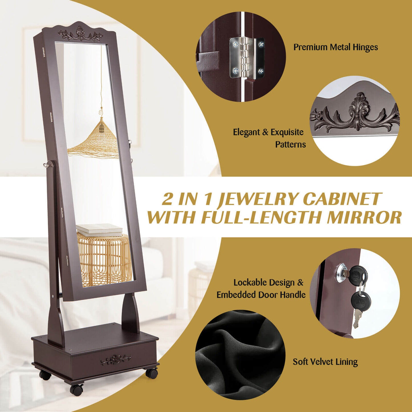 Rolling Full-Length Mirror Jewelry Armoire with Lockable Storage, Drawers and LED Lighting – Brown