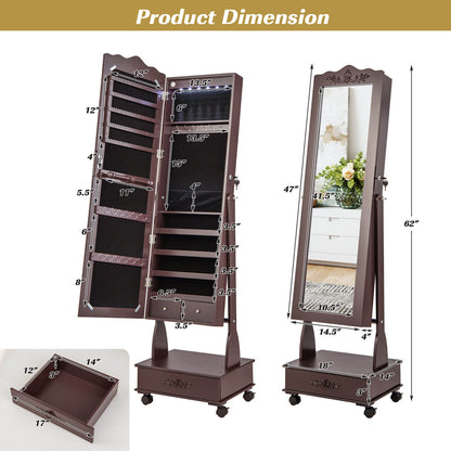 Rolling Full-Length Mirror Jewelry Armoire with Lockable Storage, Drawers and LED Lighting – Brown