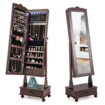 Rolling Full-Length Mirror Jewelry Armoire with Lockable Storage, Drawers and LED Lighting – Brown