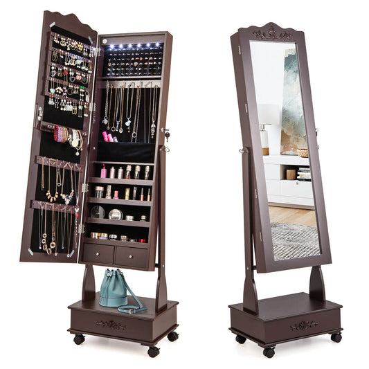 Rolling Full-Length Mirror Jewelry Armoire with Lockable Storage, Drawers and LED Lighting – Brown