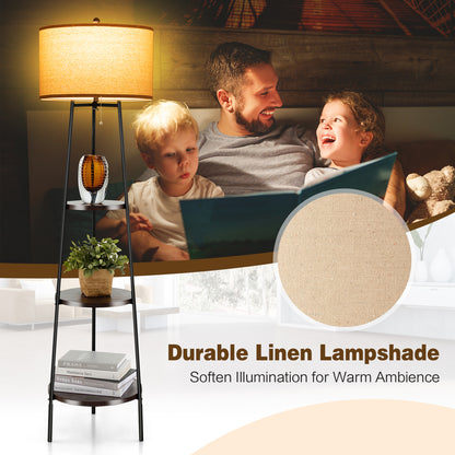 Modern Standing Floor Lamp with 3 Storage Shelves and Soft Linen Lampshade