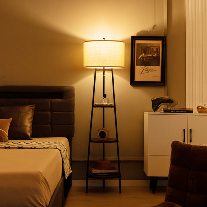 Modern Standing Floor Lamp with 3 Storage Shelves and Soft Linen Lampshade