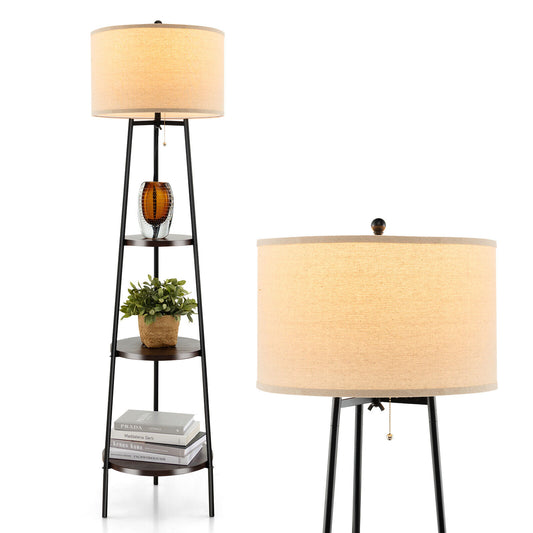 Modern Standing Floor Lamp with 3 Storage Shelves and Soft Linen Lampshade