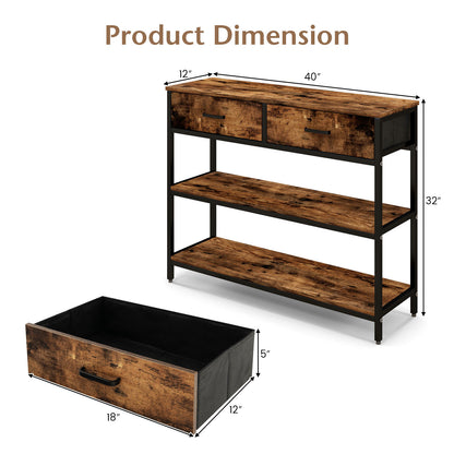 Entryway Console Table with Open Shelves and Folding Fabric Drawers - Rustic Brown