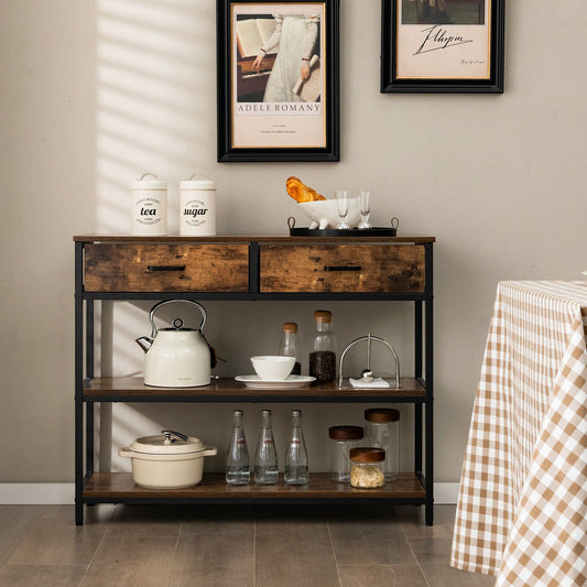 Entryway Console Table with Open Shelves and Folding Fabric Drawers - Rustic Brown