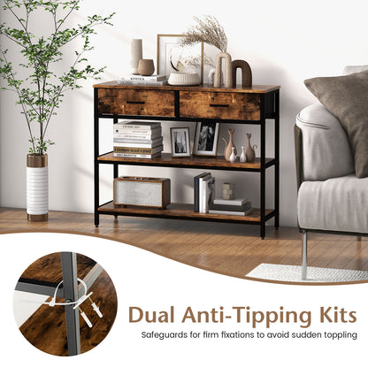 Entryway Console Table with Open Shelves and Folding Fabric Drawers - Rustic Brown