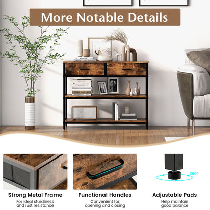 Entryway Console Table with Open Shelves and Folding Fabric Drawers - Rustic Brown
