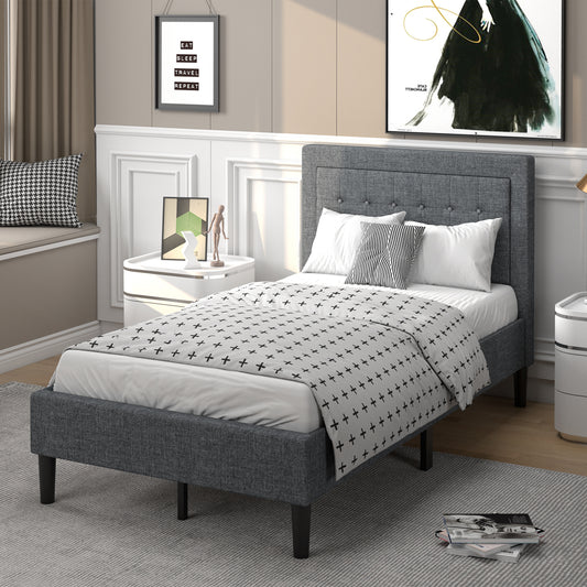 Stylish Twin Size Upholstered Platform Bed Frame with Button Tufted Headboard