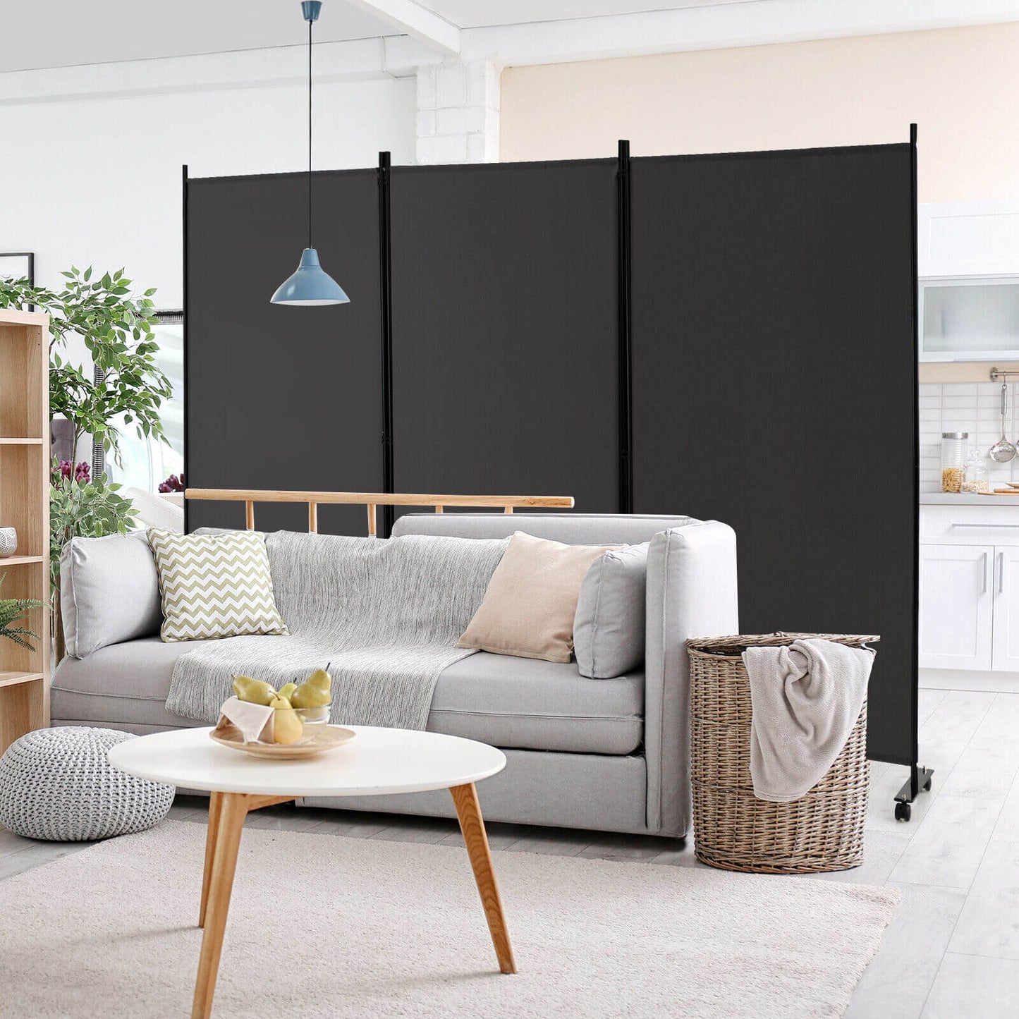 3-Panel Folding Privacy Divider with Lockable Wheels for Easy Mobility - Grey