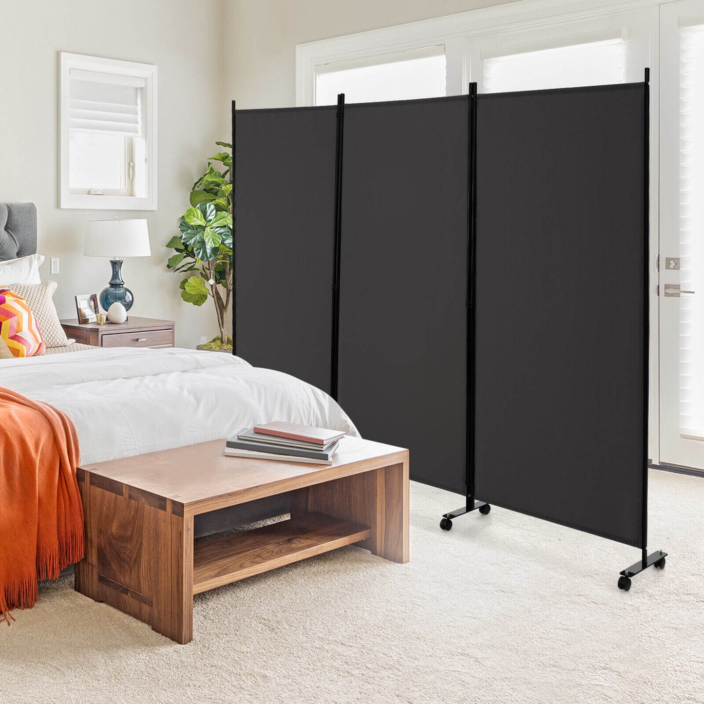 3-Panel Folding Privacy Divider with Lockable Wheels for Easy Mobility - Grey