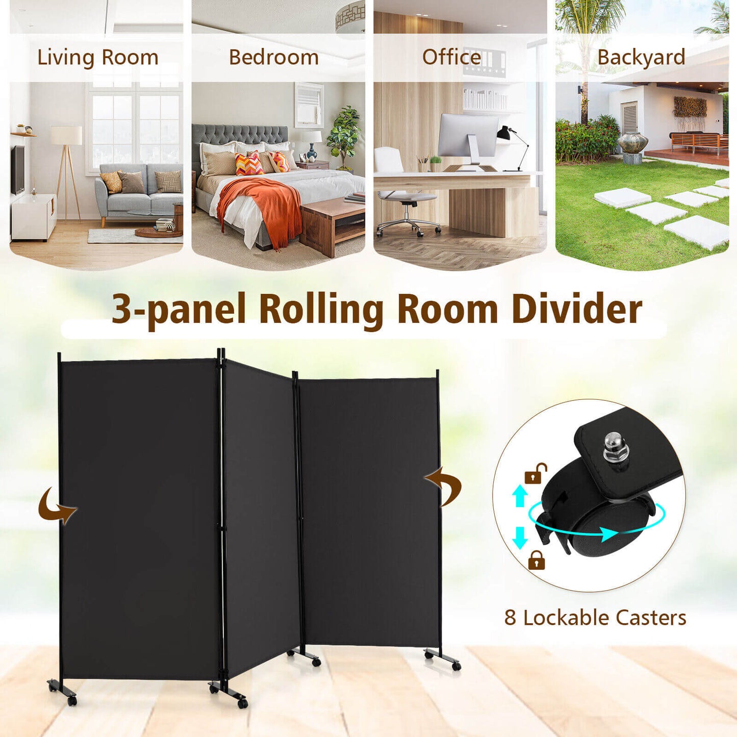 3-Panel Folding Privacy Divider with Lockable Wheels for Easy Mobility - Grey