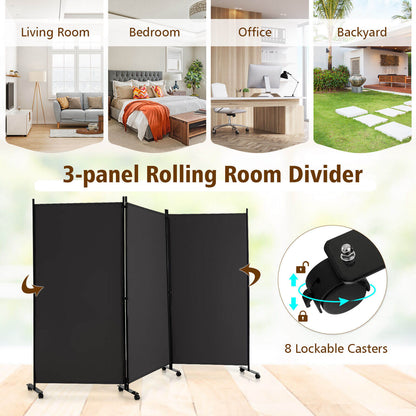 3-Panel Folding Privacy Divider with Lockable Wheels for Easy Mobility - Grey