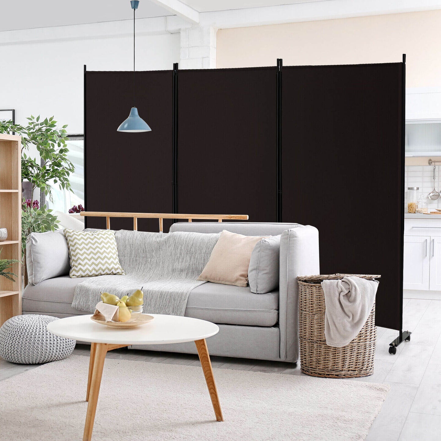 3-Panel Folding Privacy Divider with Lockable Wheels for Easy Mobility - Brown