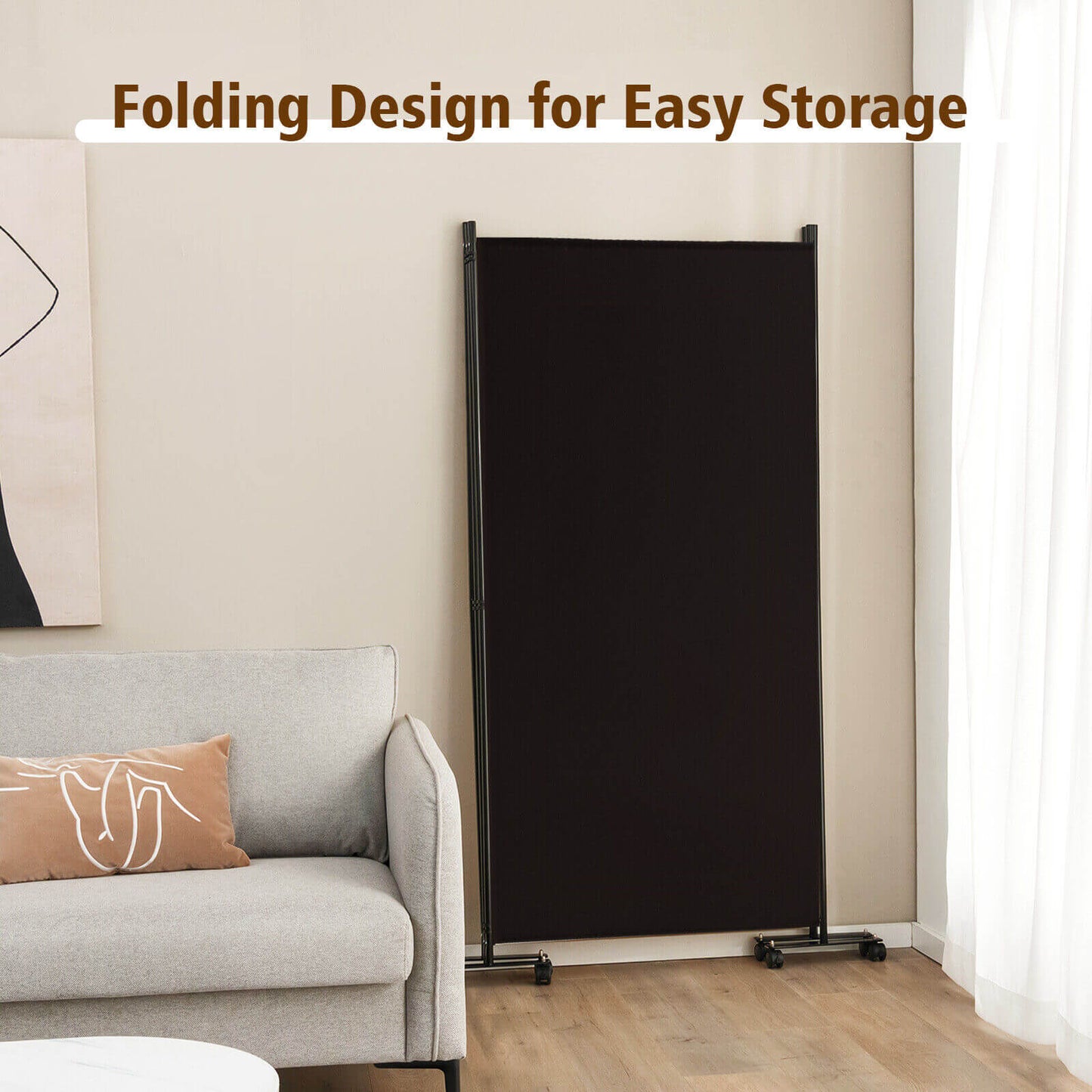 3-Panel Folding Privacy Divider with Lockable Wheels for Easy Mobility - Brown